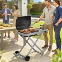 Outsunny Portable Propane Gas BBQ Grill with Foldable Cart, Wheels, 9500 BTU Gas Barbecue Grill with Piezo Ignition Burner, Black(m-8)