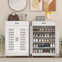 HOMCOM Shoe Cabinet with Louvered Doors, Modern Shoe Storage Cabinet with Drawer and Adjustable Shelves, White(m-9)