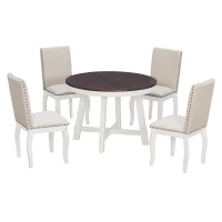 Farmhouse Dining Set with Upholstered High-Back Chairs, Sturdy Side Chair Set for Living Room, 58" L x 42" W x 30" H, Beige+Off White+Walnut(m-14)