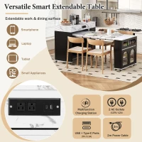 Extendable Rolling Kitchen Island with Folding Top, Versatile Kitchen Cart with Windows, 74" L x 43.5" W x 37.5" H, Black+White Marble(m-7)