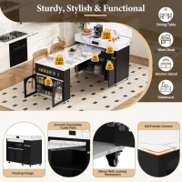 Extendable Rolling Kitchen Island with Folding Top, Versatile Kitchen Cart with Windows, 74" L x 43.5" W x 37.5" H, Black+White Marble(m-6)