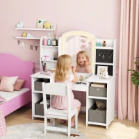 Qaba Kids Vanity Table and Chair, Toddler Dressing Table and Chair Set with Lighted Mirror for Little Girls, White(m-1)