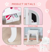 Qaba Kids Vanity Table & Chair Set, Girls Dressing Set, Make Up Desk with Tri-folding Mirrors, Drawer, White(m-6)