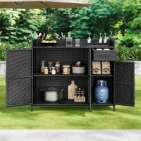 Outdoor Wicker Storage Cabinet with 3-Tier Adjustable Shelves, Stylish Bar Table for Garden, 47.5'' L x 16'' W x 39.5'' H, Black Brown(m-9)