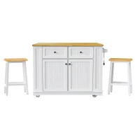 Stylish Island Set with Built-In 3 AC Outlets and 2 USB Ports, Kitchen Island and 2 Bar Stools for Dining Area, 48'' L x 29.5'' W x 36.5'' H, White(m-2)