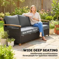 Outsunny 3 Seater Outdoor Couch Sofa, PE Wicker Patio Sofa, Wide Deep Seat, 4" Cushions, Wood-Effect Armrests Legs, Gray(m-6)