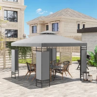 Outsunny 10 x 10 FT Canopy Gazebo, Double Roof Patio Gazebo with Screen Panels and Metal Frame for Deck, Backyard, Light Grey(m-10)