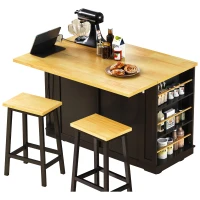 Large Kitchen Island and 2 Bar Stools for Dining Areas, Versatile Island Set with Built-In Charging Station, 48'' L x 29.5'' W x 36.5'' H, Black(m-2)