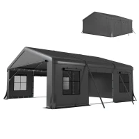 Outsunny 20' x 20' Heavy Duty Carport, Portable Garage Car Canopy Tent Shelter with 3 Roll-up Doors, 4 Windows, Dark Grey(m-2)