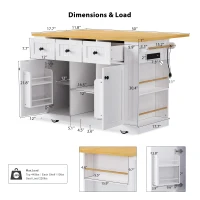 Versatile Kitchen Island with Adjustable Shelves & Drop Leaf, Rolling Kitchen Cart with 5 Hidden Casters, 53'' L x 29.5'' W x 36.5'' H, White(m-3)