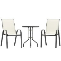 Outsunny 3 Pieces Bistro Set, Small Patio Furniture Set with Stackable Mesh Chairs, Glass Table for Garden, Balcony, Beige(m-2)