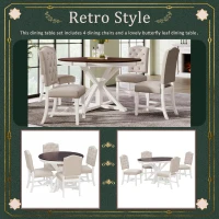 Extendable Dining Table Set with 4 Upholstered Chairs, Stylish Kitchen Table Set with Oak Veneer Top, 54" L x 42" W x 30" H, Off White+Walnut(m-4)