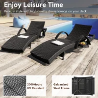 Set of 2 Outdoor Lounge Chairs with Pull‑Out Side Table, Ergonomic Recliners with 5‑Level Adjustable Backrest, 80'' L x 27'' W x 36'' H, Black(m-4)