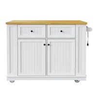 Generous Kitchen Island with 2 Deep Drawers and Drop Leaf, Rolling Storage Cart with Adjustable Shelves, 48'' L x 29.5'' W x 36.5'' H, White(m-13)
