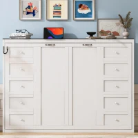 Full Size Murphy Bed with LED Light and Built‑In Desk, Foldable Platform Bed with Smooth Hydraulic Lift, 83" L x 60.5" W x 62" H, Brown+White(m-5)