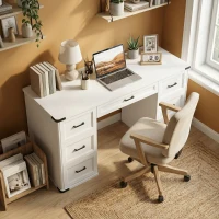 HOMCOM 55" Computer Desk with 7 Drawers, Farmhouse Executive Desk for Home Office, Study, Bedroom, White Wood Grain(m-8)