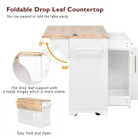 Rolling Kitchen Island with Drop-Leaf Rubberwood Top, Versatile Storage Cart for Contemporary Homes, 59.5'' L x 29.5'' W x 35.5'' H, White(m-8)