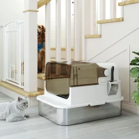 PawHut Stainless Steel Cat Litter Box, Easy-Clean Enclosure with Scoop & Flip Lid, 27.6" L x 19.7" W x 18.3" H, White(m-9)