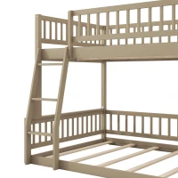 Convertible Full XL Over Queen Bunk Bed with Space-Saving Ladder, Stylish Loft Bed with Solid Wood Slats, 84" L x 62.5" W x 58.5" H, Walnut(m-6)