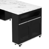 Extendable Rolling Kitchen Island with Folding Top, Versatile Kitchen Cart with Windows, 74" L x 43.5" W x 37.5" H, Black+White Marble(m-12)