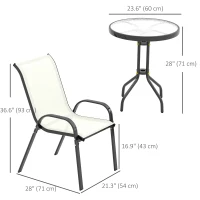 Outsunny 3 Pieces Bistro Set, Small Patio Furniture Set with Stackable Mesh Chairs, Glass Table for Garden, Balcony, Beige(m-3)