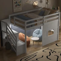 Stylish Twin Loft Bed with Storage Staircase and Window, Sturdy Bunk Bed with Full-Length Guardrails, 95" L x 41.5" W x 50" H, White(m-4)