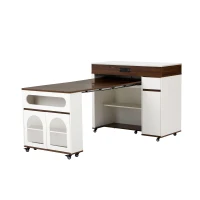 Extendable Rolling Kitchen Island with Folding Top, Versatile Kitchen Cart with Windows, 74" L x 43.5" W x 37.5" H, Creamy White+Walnut(m-2)