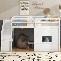 Stylish Twin Loft Bed with Storage Staircase and Window, Sturdy Bunk Bed with Full-Length Guardrails, 95" L x 41.5" W x 50" H, White(m-5)