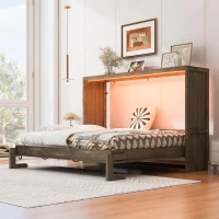 Full Size Murphy Bed with LED Light and Built‑In Desk, Foldable Platform Bed with Smooth Hydraulic Lift, 83" L x 60.5" W x 62" H, Brown(m-1)