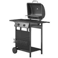 Outsunny 2 Burner Propane Gas Grill, 18000 BTU BBQ Grill with Wheels, Warming Rack, Shelf, Thermometer, Grease Cup, Black(m-1)