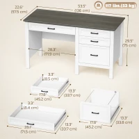 HOMCOM 54" Farmhouse Executive Desk, Computer Desk with Drawers, Adjustable Hanging Rails for for A4/Letter Size Files, White(m-3)