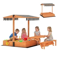 Qaba Kids Sandbox with Lid, Wooden Sand Pit with Canopy, Foldable Picnic Table, Bench Seats, Bottom Liner, Cover, Brown(m-11)