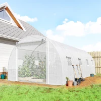 Outsunny Walk-in Tunnel Greenhouse with 2 Support Rods, Mesh Door, Plant Hot House with PE Cover, 20'x10'x7', White(m-1)