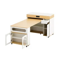 Extendable Rolling Kitchen Island with Folding Top, Versatile Kitchen Cart with Windows, 74" L x 43.5" W x 37.5" H, Creamy White+Natural(m-15)