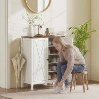 HOMCOM Shoe Cabinet with Barn Doors, Farmhouse Shoe Storage Cabinet with Adjustable Shelves, Holds up to 15 Pairs, White(m-9)