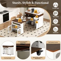 Extendable Rolling Kitchen Island with Folding Top, Versatile Kitchen Cart with Windows, 74" L x 43.5" W x 37.5" H, Creamy White+Walnut(m-6)