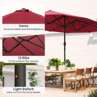 Outsunny 173.2" Double-Sided Sun Umbrella Garden Parasol Patio Sun Shade Outdoor with LED Solar Light, No Base Included, Wine Red(m-5)