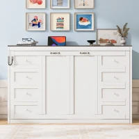 Twin-Size Murphy Bed with LED Light and Foldaway Cabinet, Space-Saving Wall Bed with Desk Conversion, 83" L x 45.5" W x 47" H, Brown+White(m-5)