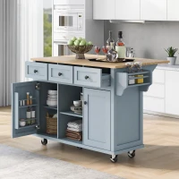 Rolling Kitchen Island Cart with Adjustable Removable Shelves, Durable Storage Cart with Convertible Feet, 53'' L x 29.5'' W x 37'' H, Blue(m-1)