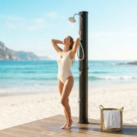 Outsunny 16 Gal Solar Heated Shower, 7.4 FT Outdoor Shower with 2 Shower Heads, Adjustable Temperature, Foot Faucet(m-1)