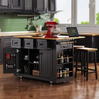 Modern Black Kitchen Island Set with 2 Bar Stools, Versatile Kitchen Cart Set with Drop-Leaf Counter, 53" L x 29.5" W x 36.5" H, Black(m-1)