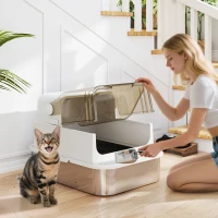 PawHut Stainless Steel Cat Litter Box, Easy-Clean Enclosure with Scoop & Flip Lid, 27.6" L x 19.7" W x 18.3" H, White(m-1)