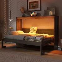 Twin-Size Murphy Bed with LED Light and Foldaway Cabinet, Space-Saving Wall Bed with Desk Conversion, 83" L x 45.5" W x 47" H, Brown(m-4)