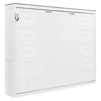 Full Size Murphy Bed with LED Light and Built‑In Desk, Foldable Platform Bed with Smooth Hydraulic Lift, 83" L x 60.5" W x 62" H, Brown+White(m-12)