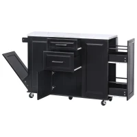 Versatile Kitchen Island with 2-Tier Pull-Out Organizer & 5 Casters, Rolling Kitchen Cart with Drop Leaf, 50.5'' L x 26.5'' W x 35.5'' H, Black(m-2)
