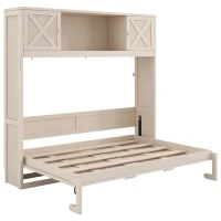 Space-Saving Full Size Murphy Bed with Fold-Down Design, Sturdy Storage Bed with 3 Upper Cabinets, 83" L x 60.5" W x 82" H, Beige(m-7)