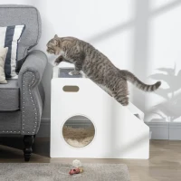 PawHut Pet Stairs for Miniature Dogs Hidden House, Cat Steps for Couch High Bed Sofa, Portable Puppy Stairs for Climbing with Handles, Non-Slip Carpet, Side Holes for Entry, White(m-9)