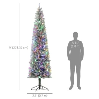HOMCOM 9ft Prelit Pencil Artificial Christmas Tree, Flocked Xmas Tree with Remote, Dual Colour LEDs, 895 Tips, Metal Stand(m-3)