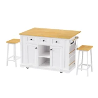 Modern White Kitchen Island Set with 2 Bar Stools, Versatile Kitchen Cart Set with Drop-Leaf Counter, 53" L x 29.5" W x 36.5" H, White(m-15)