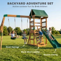 Qaba Wood Swing Set, Outdoor Playset with Slide, 2 Swings, Rock Wall and Covered Upper Deck, Kids Outdoor Playground(m-4)